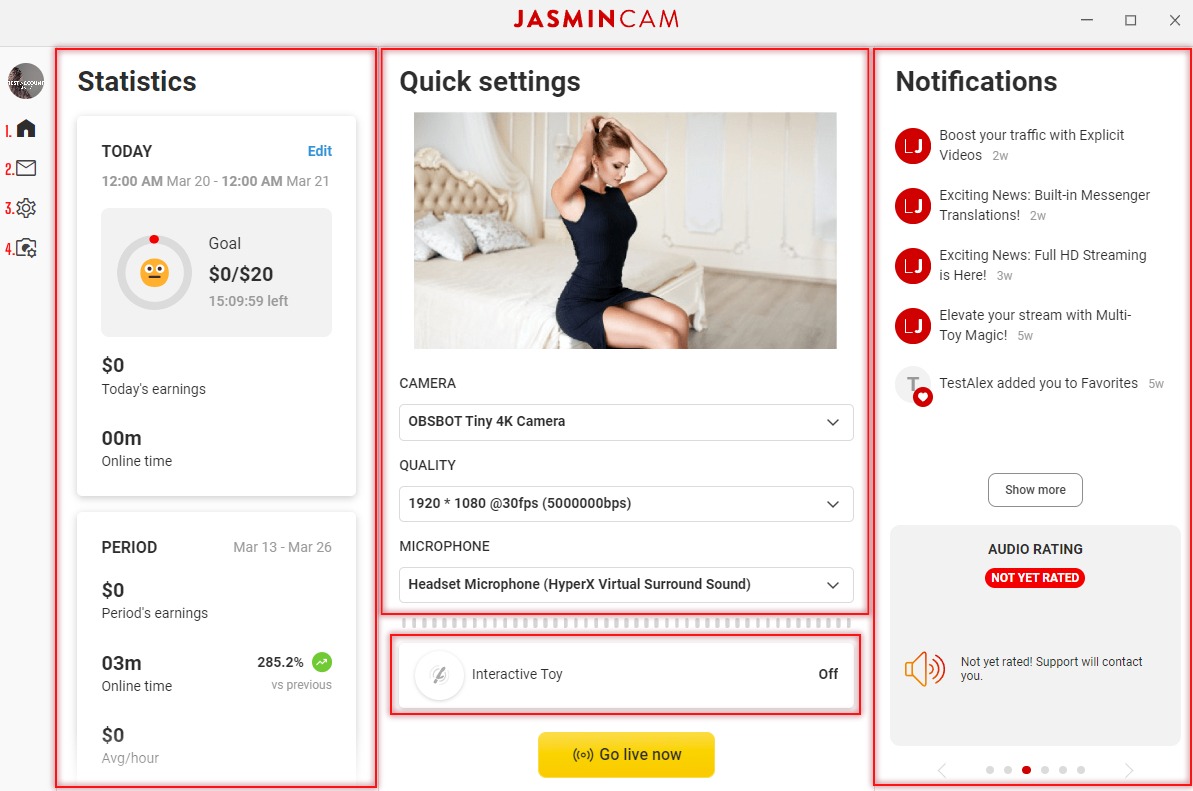 JasminCam main menu